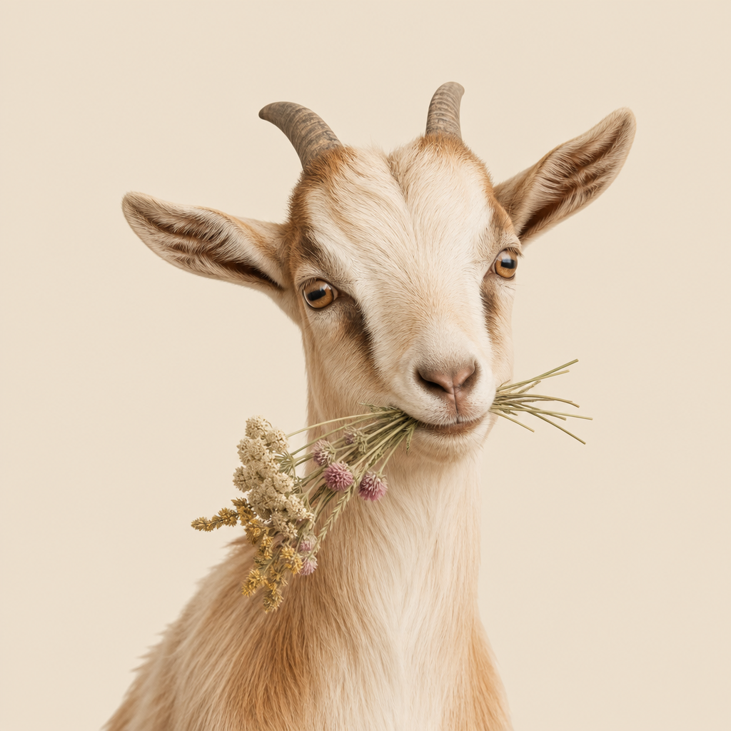 Friendly beige goat with wildflowers